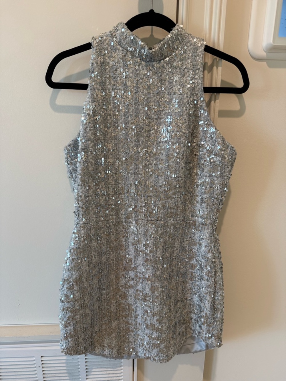 Amanda Uprichard Silver Sequin High-Neck Party Mini Dress